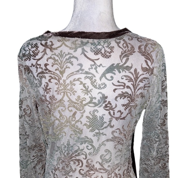 Anthro Aratta Silent Journey Metallic Velvet Velour Semi Sheer Printed Top - S - Picture 7 of 10